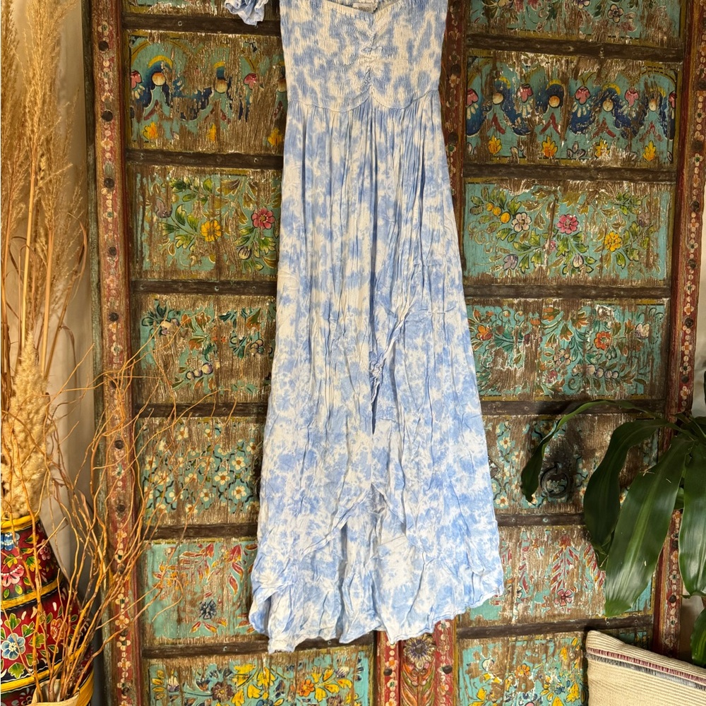 Tiare Hawaii Sky Blue and White Off the Shoulder Maxi Dress